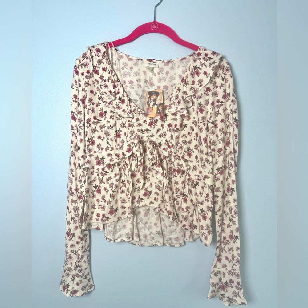 Ruffled Tie-Front Floral Blouse in Cream and Burgundy
